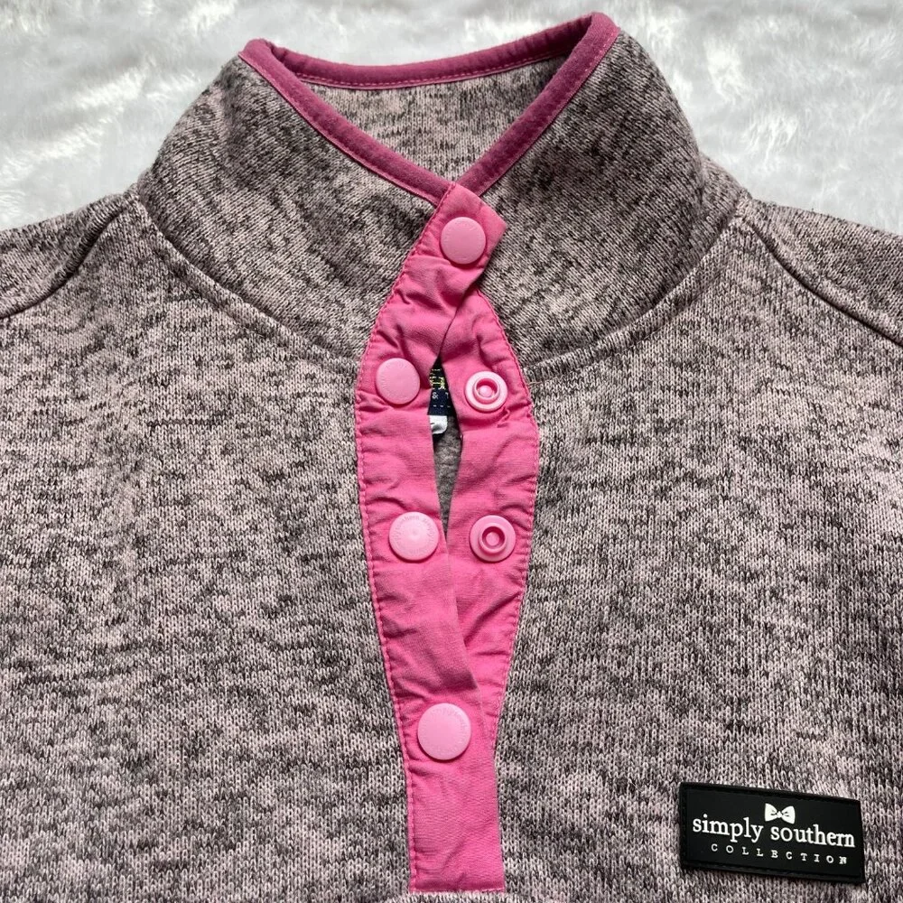 Simply Southern Heathered Gray Pink Pullover Sweatshirt‎ Womens Size Medium Snap
